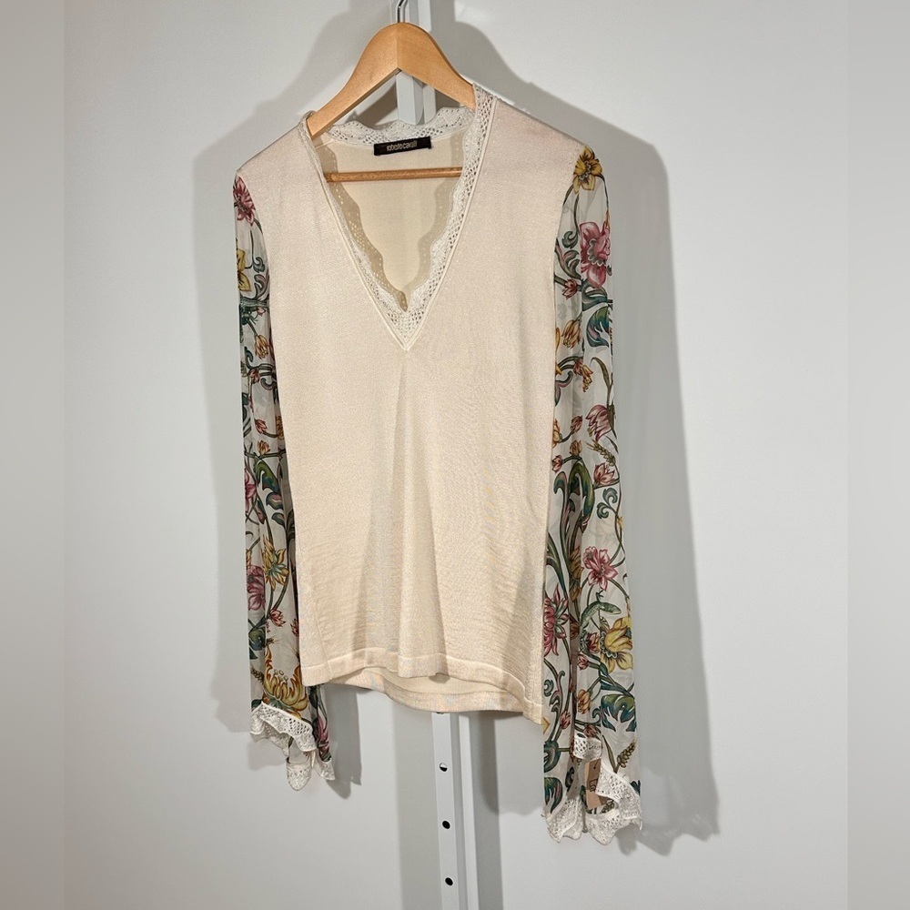 Y2K Roberto Cavalli Silk Blend Floral Bell Sleeve V-Neck Top Cream Lace Trim S